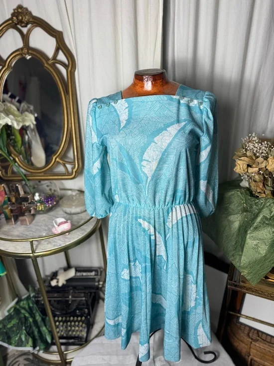 60s Feather Blue Women's Midi Dress a line - Picture 3 of 7